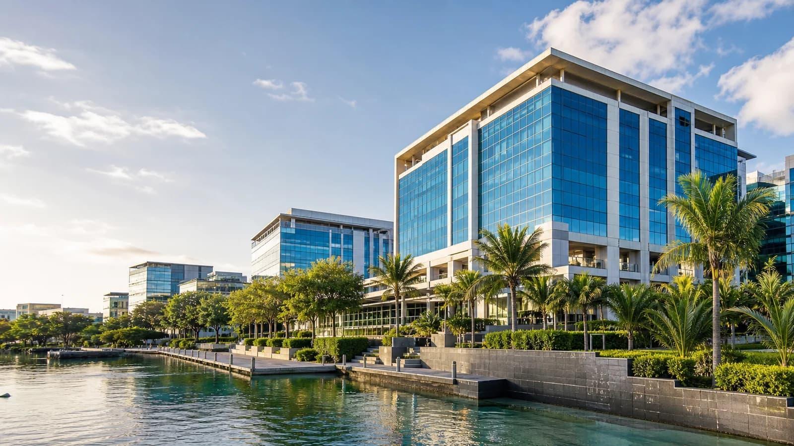 Modern waterfront office buildings surrounded by palm trees