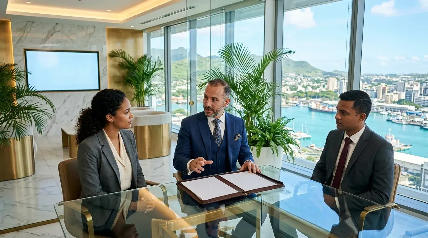 Senior professionals reviewing documents during a formal meeting