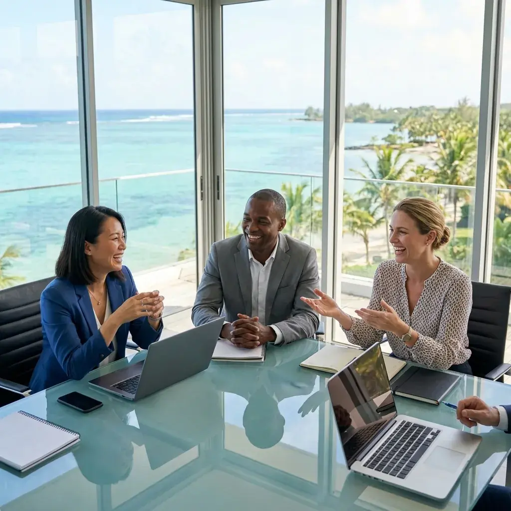 Colleagues in discussion around a laptop during a strategy meeting