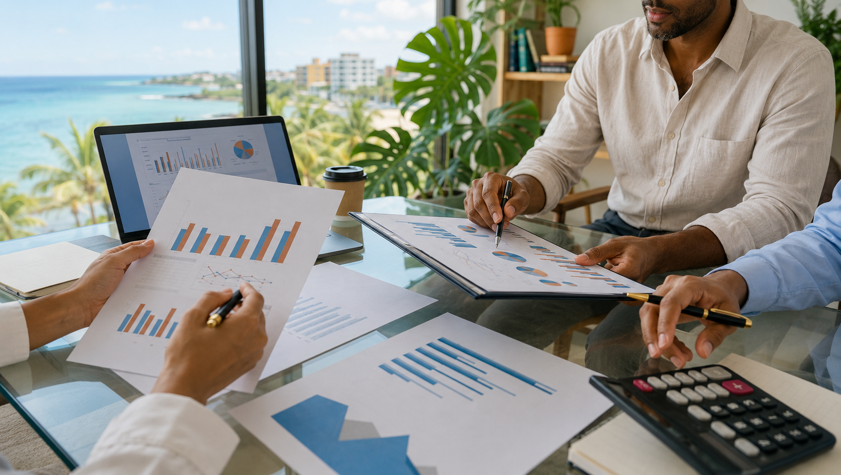 Colleagues reviewing financial charts, reports and a calculator