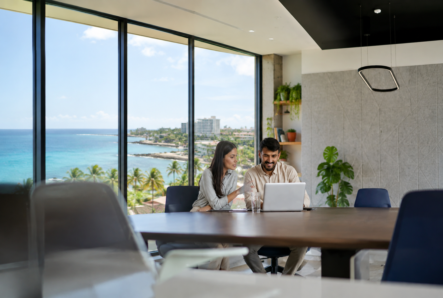 Colleagues reviewing figures together on a laptop in a boardroom